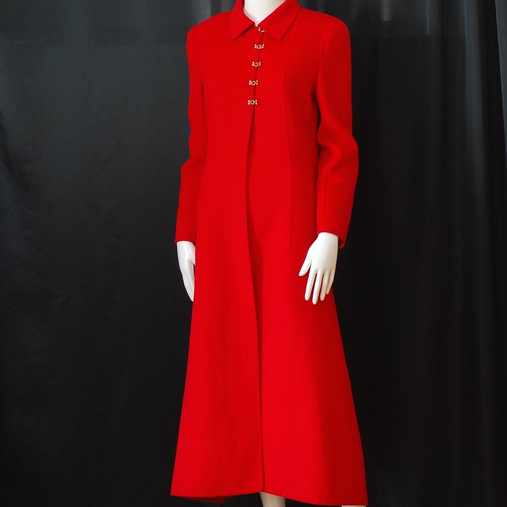 Laura Biagiotti Red Coat With Tie At The Back & Rhinestone Hook Closures - Italy